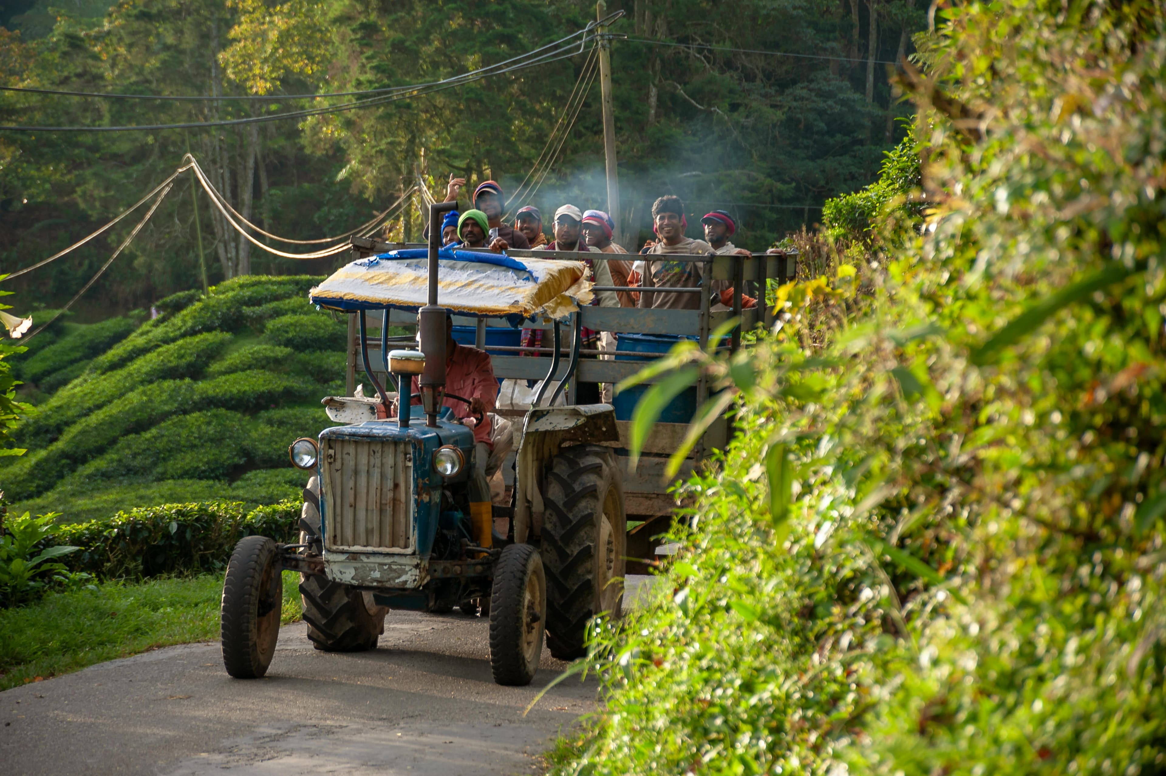 Women steering a tractor while preparing community farmland